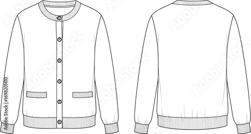 Cardigan sweater technical drawing, flat sketch, fashion CAD template, front and back view, vector garment design, apparel illustration, sewing pattern, cozy knitwear style, winter clothing template,