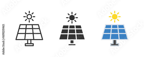 Solar panel icon set in flat solid and outlined style. Solar panel icon symbol collection. Solar energy icon vector.