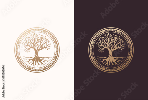 Root or tree, tree of life vector symbol with a circle shape.