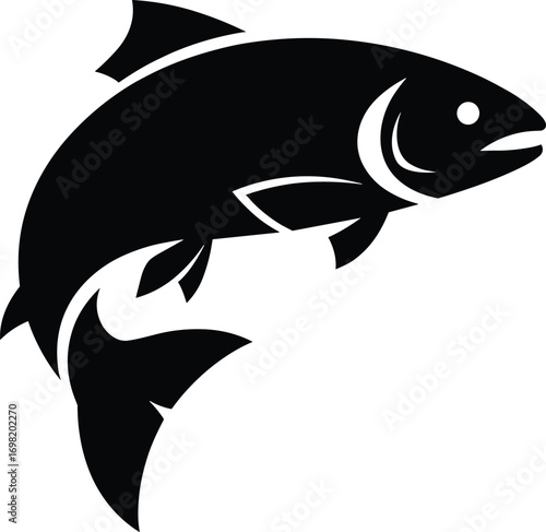 Jumping fish silhouette, black and white trout vector, fishing logo design, wildlife icon, aquatic animal illustration, minimalist style, bold contrast artwork
