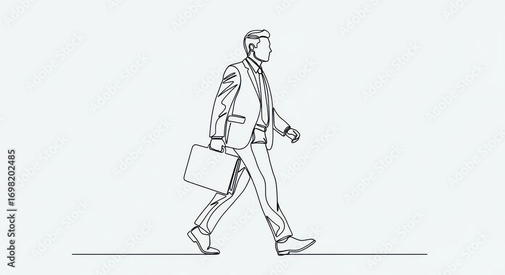 Fototapeta premium Minimalist Line Art of a Businessman Walking with a Briefcase.
