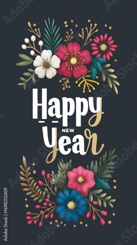 Wallpaper Mural Colorful floral design with 'Happy New Year' greeting. Torontodigital.ca