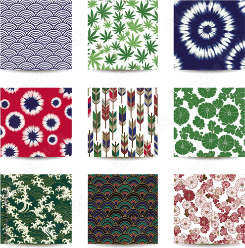 Create a kinds of deferent Japanese pattern collection vector art with white background.