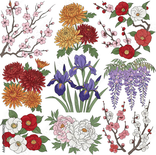 Create a kinds of deferent Japanese style floral square frame background vector art with white background.