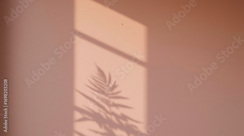Shadow of fern leaves projected on pale rose-colored wall, creating minimalist and tranquil aesthetic. Serene composition emphasizes simplicity, delicate shapes, and harmonious tones.