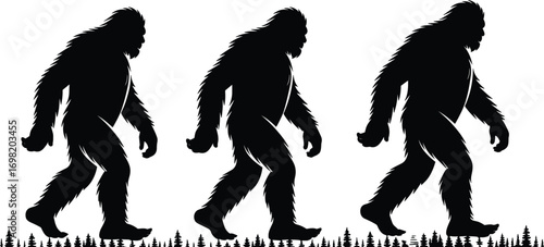 Bigfoot silhouettes walking, mysterious cryptid figures, legendary sasquatch creatures, forest background, wild nature, folklore myth, unknown wildlife, shadowy beast images, wilderness scene