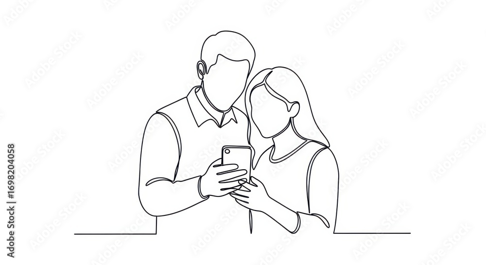 Fototapeta premium Couple sharing phone, looking at screen, modern technology, communication.
