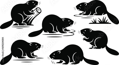 Set of beaver silhouettes in various poses, vector illustration, wild animal collection, isolated on white background.