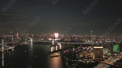 Wallpaper Mural Tokyo skyline comes alive as green fireworks crown the city beyond Rainbow Bridge. The drone holds a wide cinematic frame with Tokyo Tower and Skytree, reflections ripple across the bay Torontodigital.ca