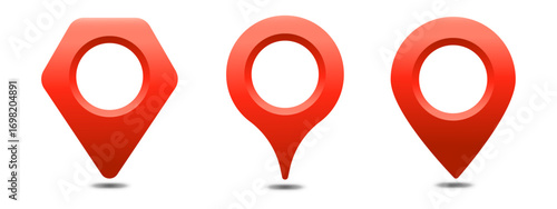Set of glossy red gradient vector icons. Map pin, marker location realistic icons