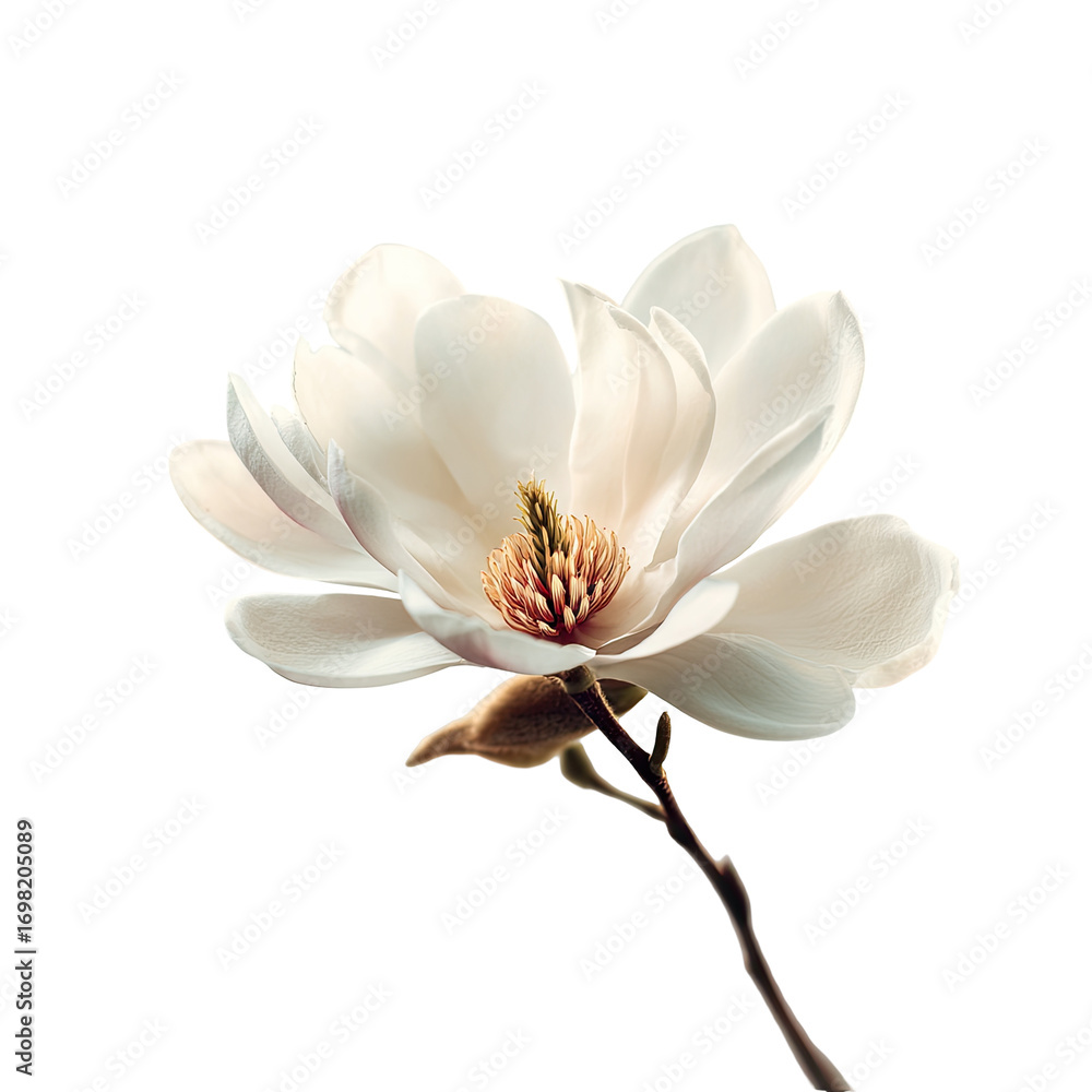 Obraz premium Close-up of a single, delicate magnolia flower. Soft, creamy white petals surround a rich, golden center. Stem and buds in warm tones