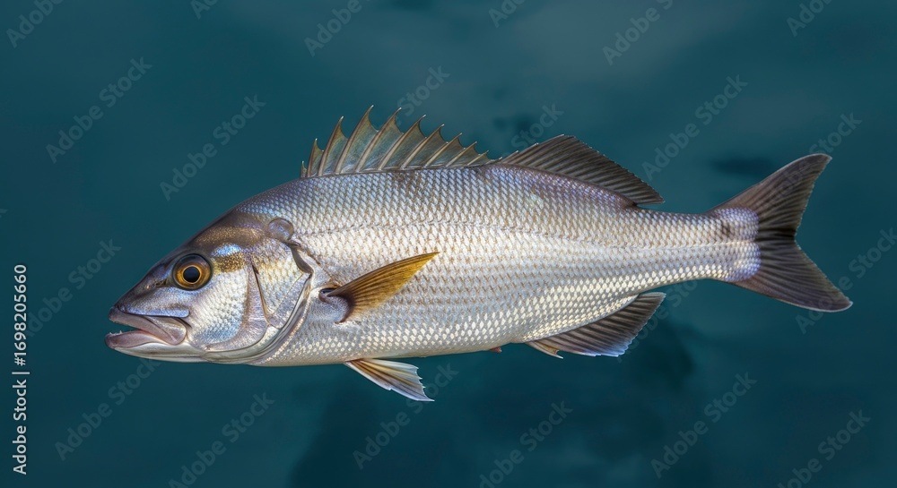 Fototapeta premium A detailed close-up of a fish, likely a bream or snapper, swimming gracefully in clear blue-green water, showcasing its intricate scales and well-defined fins.