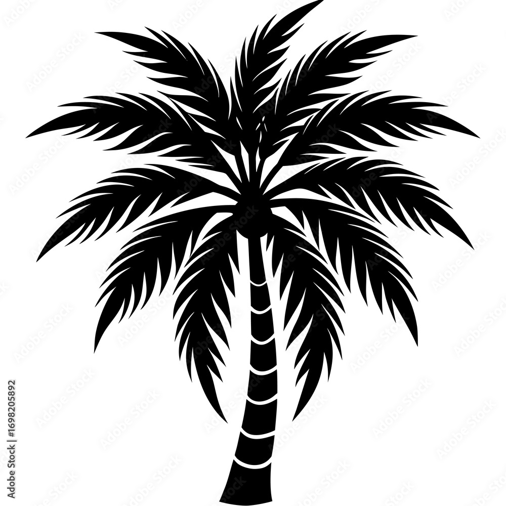 Obraz premium Striking silhouette of a tropical palm tree with fronds and trunk against a white background