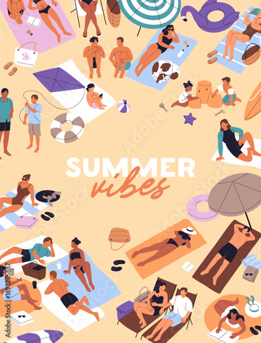 Postcard design with people sunbathing on sand beach. Poster with crowd of tourists getting sun tan on coast at sea resort. Friends, men and women relax on summer vacations. Flat vector illustration