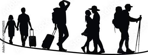 Group of people traveling, family vacation trip, hiking adventure, couple travel romance, walking with luggage, outdoor journey, mountain trek, active lifestyle