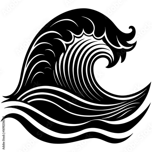 Stylized black and white illustration of a powerful ocean wave cresting with dynamic swirling lines and water ripples