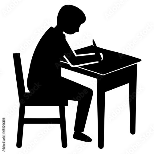 Silhouette of a person sitting at a desk writing with a pen symbolizing education and learning