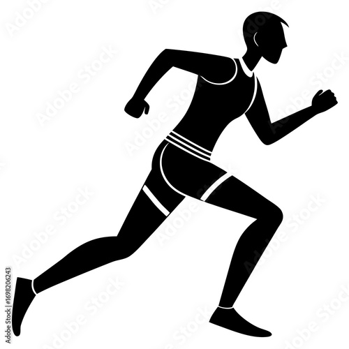 Silhouette of a male athlete in full stride during a sprint race on a white background representing speed and competition