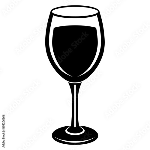 A simple black silhouette of a wine glass filled with dark red liquid against a white background