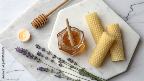 Beeswax candles honey jar and lavender on marble background diy craft and aromatherapy