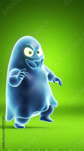 Animated Ghost Character Dancing Playfully in Bright Green Background with Expressive Facial Features