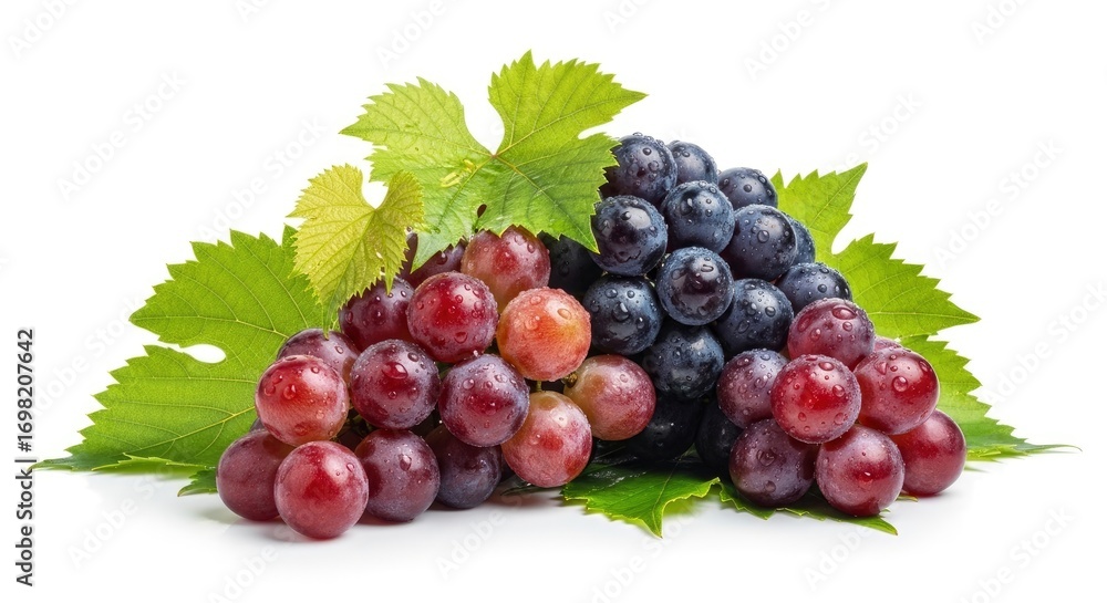 Fototapeta premium Fresh red and dark grapes with vibrant green leaves and sparkling water droplets, isolated on a clean white background. A healthy and delicious fruit selection.