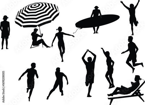 Silhouettes of people on the beach, surfing, running, relaxing under umbrella, beach activities, summer fun, sunbathing, active lifestyle, outdoor recreation