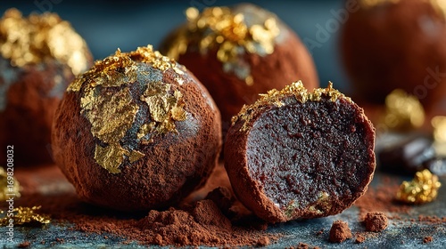   A close-up of a chocolate dessert with gold sprinkles on a blue surface, surrounded by other chocolate desserts