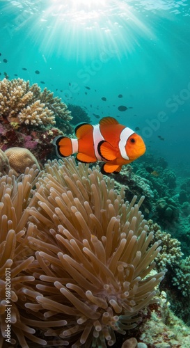 A bright orange clownfish swimming happily among coral reefs in the ocean.