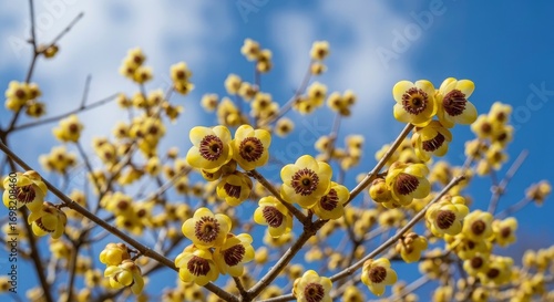 Vibrant yellow Wintersweet flowers blooming on bare branches against a bright blue sky, signaling the arrival of early spring with their delicate beauty and unique fragrance.