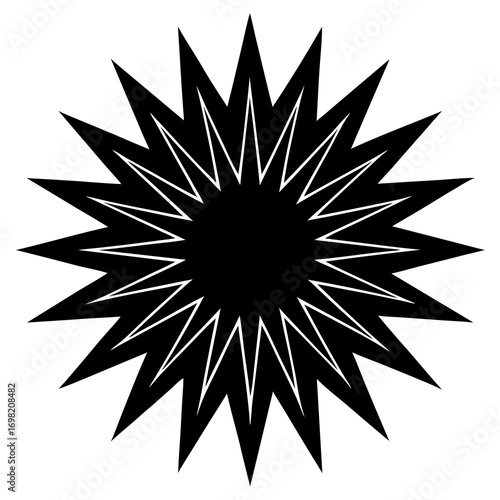 A striking black starburst shape with sharp pointed rays and a central dark circle on a white background
