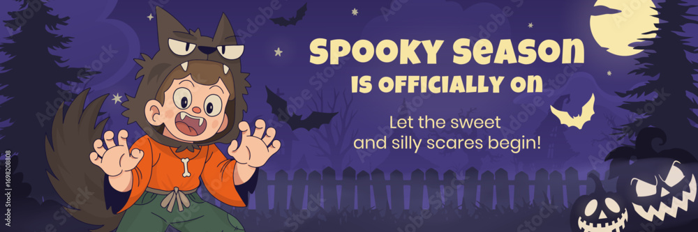 Fototapeta premium Cute Werewolf Kid Banner – Spooky Season Halloween Design