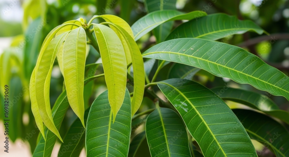 Obraz premium Close-up of vibrant green mango leaves, showcasing fresh new growth and mature foliage on a sunny day. A beautiful natural background for tropical themes.