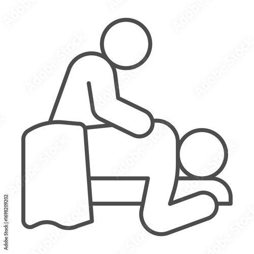 Masseur and man with towel thin line icon, spa massage concept. Vector graphics. Massaging client back on bed, therapy sign on white background, outline style icon for mobile or web design.