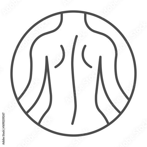 Back skin of woman thin line icon, spa massage concept. Vector graphics. Woman figure, skin therapy bubble sign on white background, outline style icon for mobile or web design.