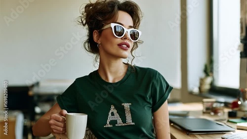 A young woman with sunglasses is enjoying her morning routine of sipping coffee at her workplace. She wears a T-shirt that says AI.