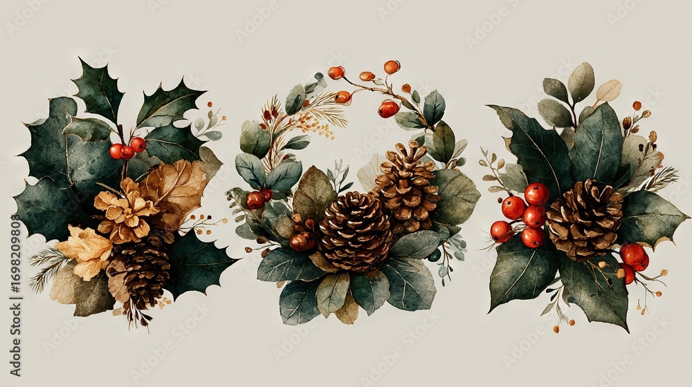 Fototapeta premium Three watercolor Christmas wreaths featuring holly, pine cones, and holly berries