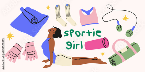 Girls training items. Wellness and self-care items routine with yoga, fitness and healthy lifestyle elements. Fitness elements and workout stuff bundle. Sportie girls stickers in cartoon flat style