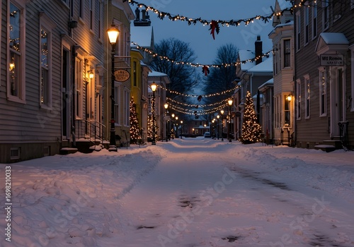 Fototapeta Naklejka Na Ścianę i Meble -  Snow-covered small town main street with festive lights and decorations creating cozy winter holiday atmosphere