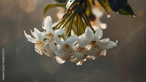 Raindrops falling gently on jasmine flowers.