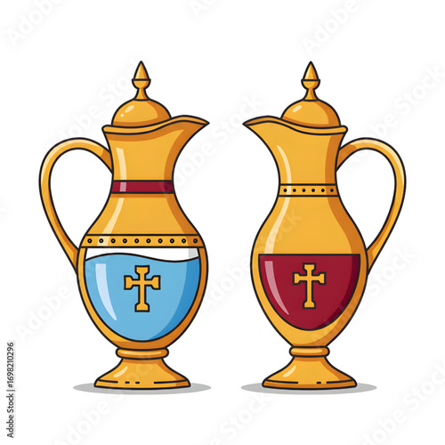 Ornate Gold Ceremonial Pitchers with Crosses