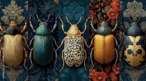   Four distinctly-colored insects perched together on a wallpapered wall, with hues of blue and green as the backdrop