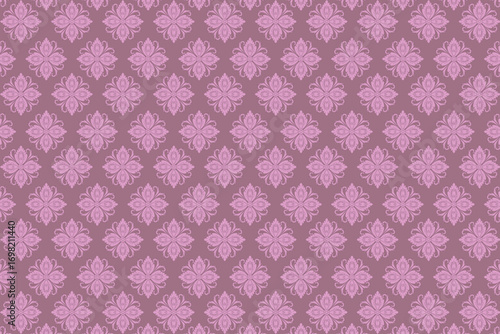 Pink fabric with repeating floral diamond motifs, forming a traditional ornamental pattern that creates a soft and elegant texture.