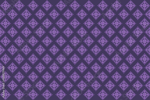 Purple fabric with repeating diamond motifs, each containing floral-inspired geometric details, creating an elegant and traditional patterned texture.