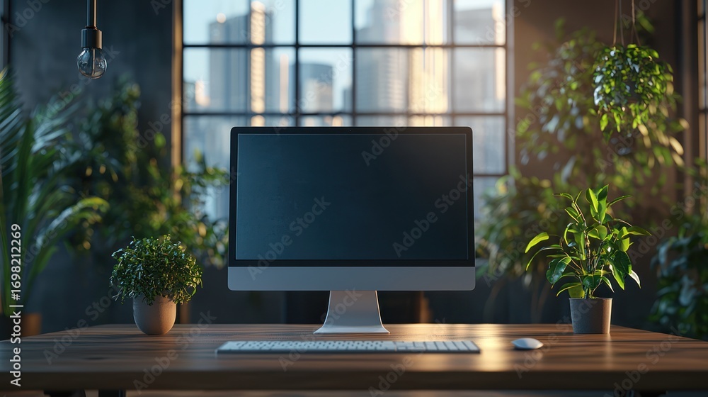 Fototapeta premium Modern office desktop with city view, plants