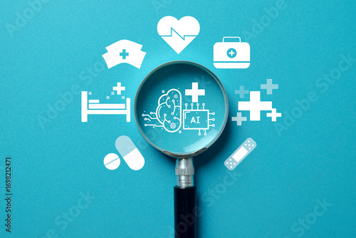 A magnifying glass on an AI icon at the center of a healthcare ecosystem. A concept for how Artificial Intelligence is transforming medicine, diagnostics, patient care, and hospitals.