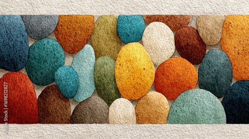   A painting featuring various colored rocks scattered in the foreground against a pure white backdrop