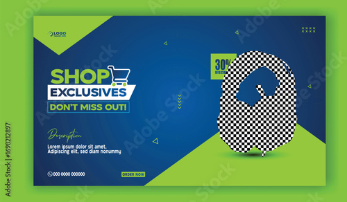 Modern gaming headset with neon accents on a dynamic blue background with geometric shapes and shop exclusives text