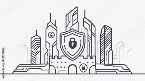 City under Protection: An illustration of a city with tall buildings and a shield with a lock as a symbol of protection
