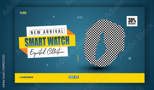 Modern orange smart watch with digital display and graphic design elements on a dark blue background